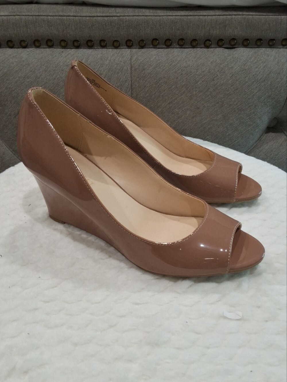 Nine West Nude Patent Peep-Toe Wedge Pumps